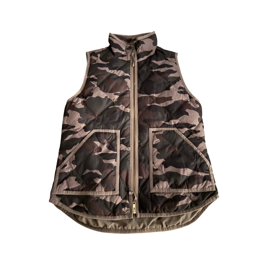 J Crew Excursion Quilted Vest Camo Brown Tan Full Zip Sleeveless Jacket Small